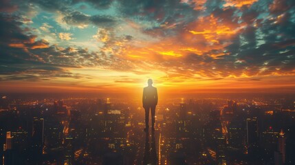 Fototapeta premium lone businessman stands silhouetted against the breathtaking sunset, his figure dwarfed by the vast expanse of the city planning map spread out before him.