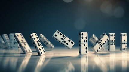 Row of dominos standing, one falling over causing a chain reaction, representing the impact of decisions in a business environment