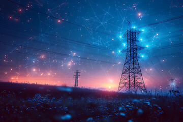 
A captivating wireframe depiction of transmission lines set against a deep blue backdrop, symbolizing energy infrastructure and technological advancement