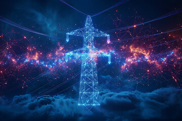 
A captivating wireframe depiction of transmission lines set against a deep blue backdrop, symbolizing energy infrastructure and technological advancement