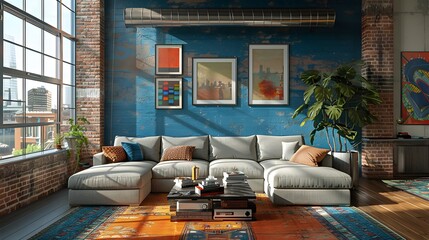 A spacious loft living room with a cozy sectional sofa, a coffee table with a stack of books, and a blue stucco accent wall, complemented by large windows allowing natural light to flood the space.