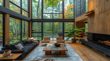 A spacious mid-century loft living room with a wall of windows overlooking a lush forest, featuring minimalist wooden furniture and a cozy fireplace.