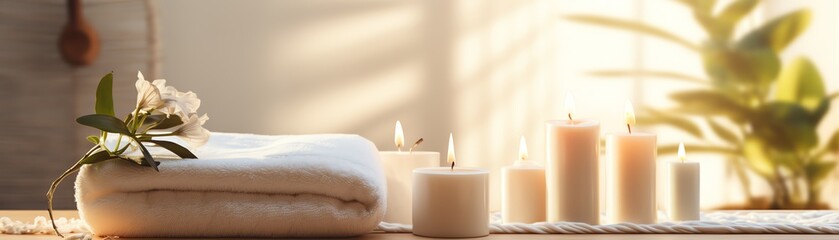 Cosmetic cream bottle mockup in a spa setting with candles and towels, creating a relaxing and serene atmosphere