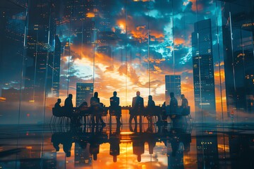 Futuristic cityscape with leaders in a roundtable discussion, the rooms glass ceiling showing a dizzying upsidedown sky