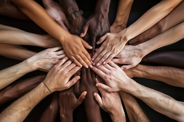 Hands of various races and ethnicities come together, united in a powerful display against discrimination. Each hand represents a unique individual. Generative AI.