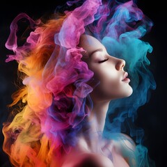 Beautiful woman with colorful smoke swirling around her head. Generative AI.