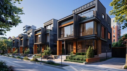 A street view of sleek, black townhouses with modular units, including rooftop terraces and...