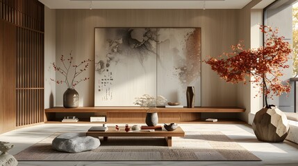 A stylish modern living room with a clean wooden sideboard, a small stone garden, and abstract Japanese art on the wall.
