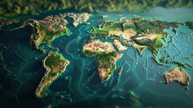 
3D world map with a stunning birds-eye view, showcasing the continents and oceans in intricate detail. 