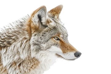 Obraz premium Intriguing close-up shot revealing the intricate details of a coyote's face against a clean white background
