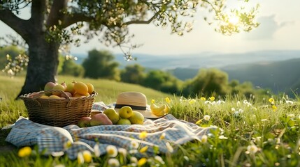 A summer picnic setup on a grassy hillside, complete with a picnic blanket, fresh fruit, and a wicker basket under a shady tree.