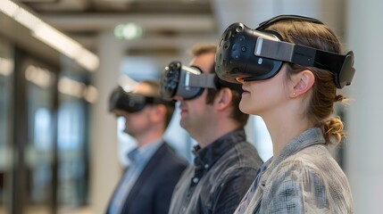 A team uses virtual reality headsets to immerse themselves in the building's 3D BIM model, reviewing and identifying potential improvements or conflicts