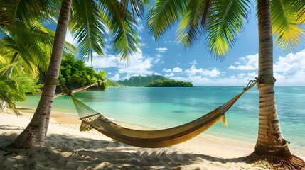 A tropical paradise featuring a hammock tied between two palm trees on a sandy shore, overlooking a...