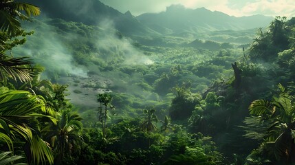 Fototapeta premium Primeval Journey: Explore a Scene Reminiscent of Jurassic Park's Ancient Wilderness