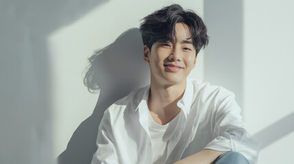 美容・脱毛・スキンケアをイメージした若い20代の笑顔で清潔感のある韓国人男性_白バック・窓際