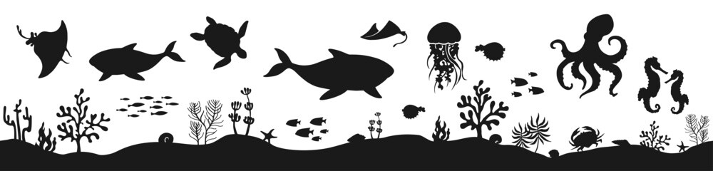 Seabed ocean floor seascape silhouette vector Illustration. Marine underwater world coral reef landscape background. Undersea bottom with animals and fish, seaweeds and corals. Underwater nautical art