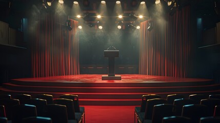 A wide-angle shot of an empty podium lit by overhead lights on a red stage, surrounded by empty...