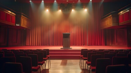 A wide-angle shot of an empty podium lit by overhead lights on a red stage, surrounded by empty...