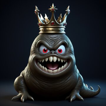 A scary turd with an angry face and a crown on its head.