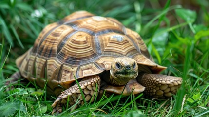 Obraz premium Sulcata tortoise in the grass. Sulcata tortoise in a green field.