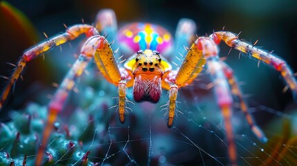 A colorful spider in its web, macro photography