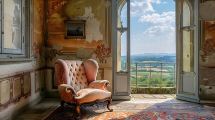 An antique armchair in a baroque-style room with pastel-themed murals and a sweeping view of the countryside.