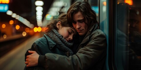 A young couple embraces at a train station, their journey having just begun. AI.