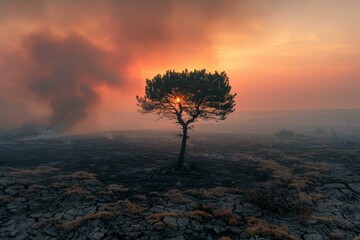 A lone tree stands in a field of burnt grass, with a hazy orange sky and smoke in the background. AI. - Powered by Adobe