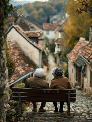 Elderly couple sitting on a bench in a quaint European village, surrounded by old stone cottages with autumn leaves. AI.