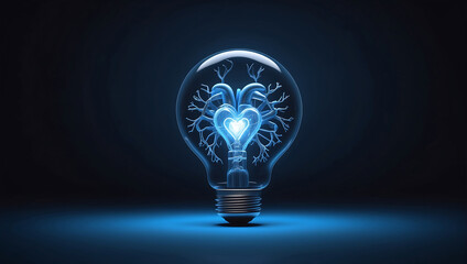 A human neon anatomical heart reactor inside a light bulb with a blue background and 3D model of a human heart