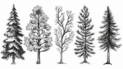  Diverse Forest Trees Pen and Ink Illustrations