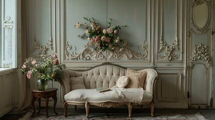 An elegant settee surrounded by sculpted wall moldings in a pastel-hued room overlooking a peaceful meadow.