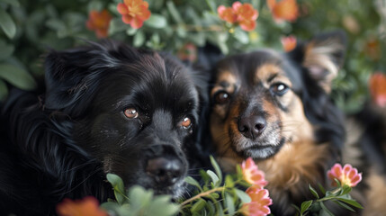 Two dogs nestled among flowers sharing a serene moment