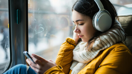 Woman enjoys music on headphones during a peaceful bus ride