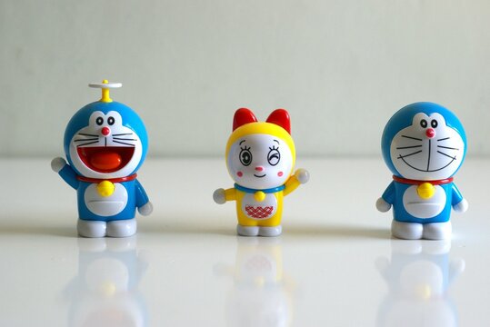 Yogyakarta, Indonesia - May 08, 2024. Doraemon character figures on a white background with a copy space area