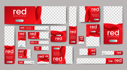 creative web ad banner template design with red background. vector