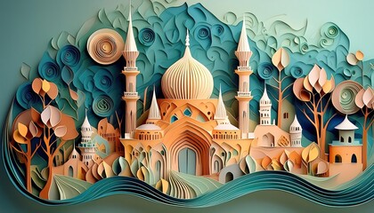 3D papercut view of the Blue Mosque in Istanbul skyline at sunset
