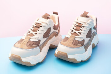 Pair of stylish sneakers on blue and pink background close-up.