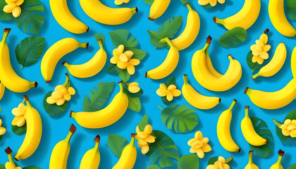 Naklejka premium A seamless pattern of yellow bananas on a blue background.