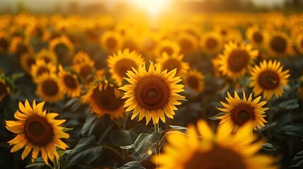 An expansive sunflower field basking under the summer sun, with rows of bright yellow blooms stretching toward the horizon.