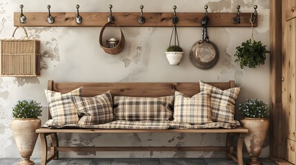 An HD photo-like image of a wooden bench beneath a wall-mounted coat rack, showing plaid cushions, ceramic pots, and metal hooks, creating a cozy farmhouse