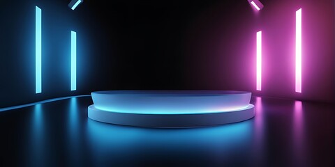  Podium background 3D light tech stage future platform game abstract. Podium 3D background technology room product circle glow effect portal stand studio scene white design ring modern display space. 