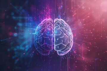 3D rendering of the left and right brain in an abstract background with digital elements, symbolizing intelligence or creativity. Light purple and blue color theme, blurred dark background.