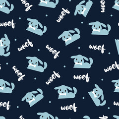 Blue woof puppies eating snack vector seamless pattern