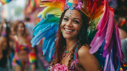 An individual in a multicolored costume and pride badge, posing for photos in front of a festival...