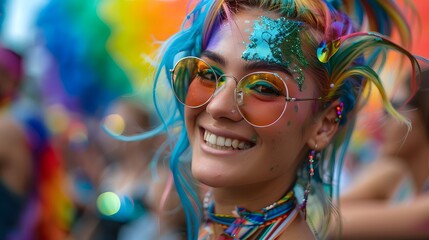 An individual with a rainbow-colored hairstyle and glittery makeup, dancing freely among the...