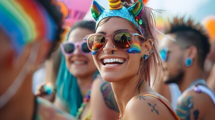 An individual with a rainbow unicorn headband and temporary tattoos, enjoying the pride festival...