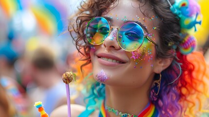 An individual with pastel-colored makeup and a pride badge, enjoying the festival while holding a pride-themed snack.