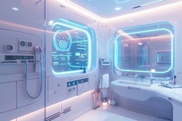 Futuristic bathroom mirror with an interactive holographic display showing health data and ambient lighting, creating an immersive experience for a morning routine.