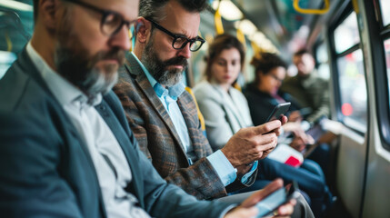 During their commute, European commuters catch up on news and emails using their smartphones, staying connected and productive while on the move
